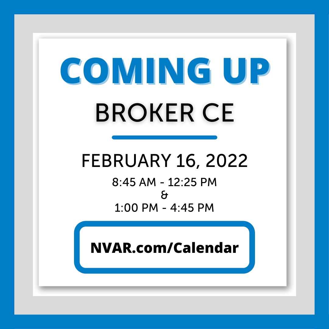 Two broker CE courses are being offered on Feb. 16th! From 8:45am-12:25pm Reggie Copeland will be teaching Brokerage Risk, Liability &amp; Supervision. From 1-4:45pm Reggie will be teaching Production Agents &amp; Profitable Offices. Find both of these classes at NVAR.com/Calendar.