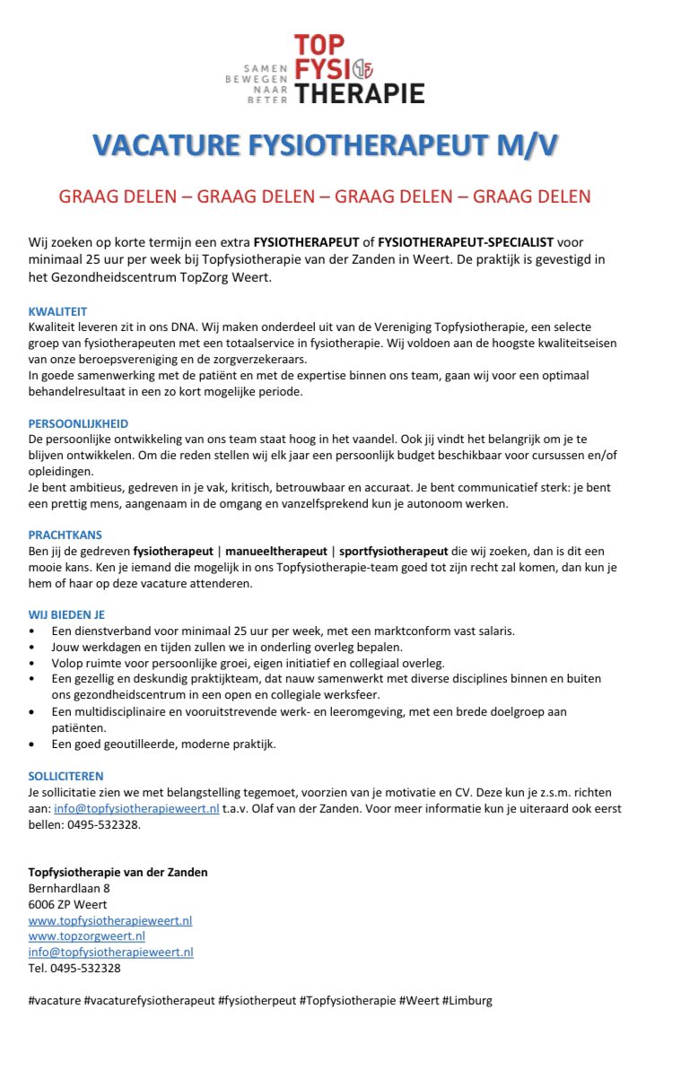 VACATURE FYSIOTHERAPEUT M/V
Graag delen! 

Wij zoeken op korte termijn een extra fysiotherapeut of fysiotherapeut-specialist voor minimaal 25 uur per week.

Delen wordt gewaardeerd.
#vacaturefysiotherapeut #fysiotherapeut #manueeltherapeut #sportfysiotherapeut #topfysiotherapie