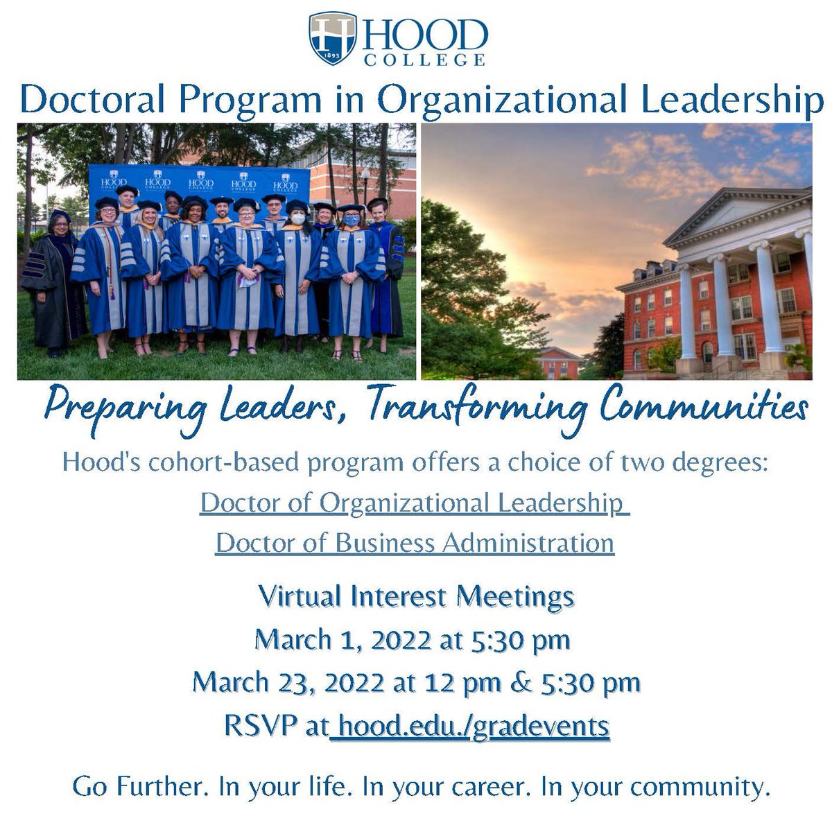 Ready to enhance your leadership capabilities? Join us at our March virtual doctoral interest meetings to learn about our DOL & our DBA degree programs! Register at hood.edu/gradevents
#HoodGradSchool #HoodProud