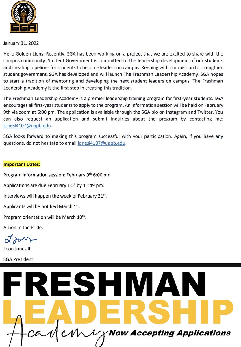 📢 Calling all first-year students 📢. SGA is launching a Freshman Leadership Academy and we want you to apply! The academy will prepare you to be an effective leader on campus and connect you with other campus leaders. Submit your application before Feb 14th! Link in bio.