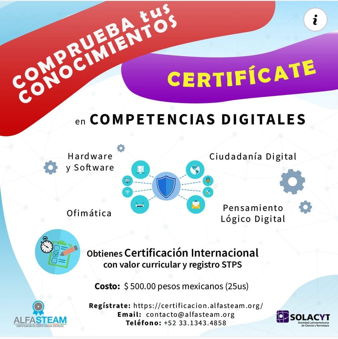SOLACyT's tweet photo. CERTIFÍCATE en Competencias Digitales !!!   obtén tu Reconocimiento Internacional  !!!!     Regístrate: https://t.co/KaBKKpOTfl     Demuestra tus capacidades digitales   #Certificacion #CompetenciasDigitales #HayNiveles https://t.co/hQGtKnFAzu