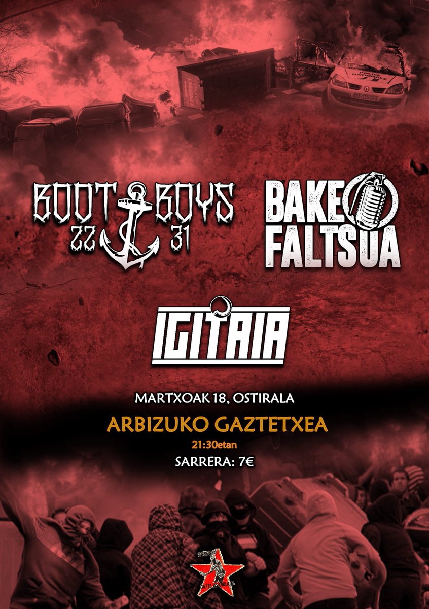 arbizukoAGA's tweet photo. Martxoaren 18an gurean izango ditugu #bootboys, @bakefaltsua ta @IGITAIA1 oholtza gainean egurra ematen.

Bakearen etsaia da etsaiaren bakea onartzen duena!

Jaia bai borroka ere bai, animatu!! https://t.co/xc5Hl5JmLb
