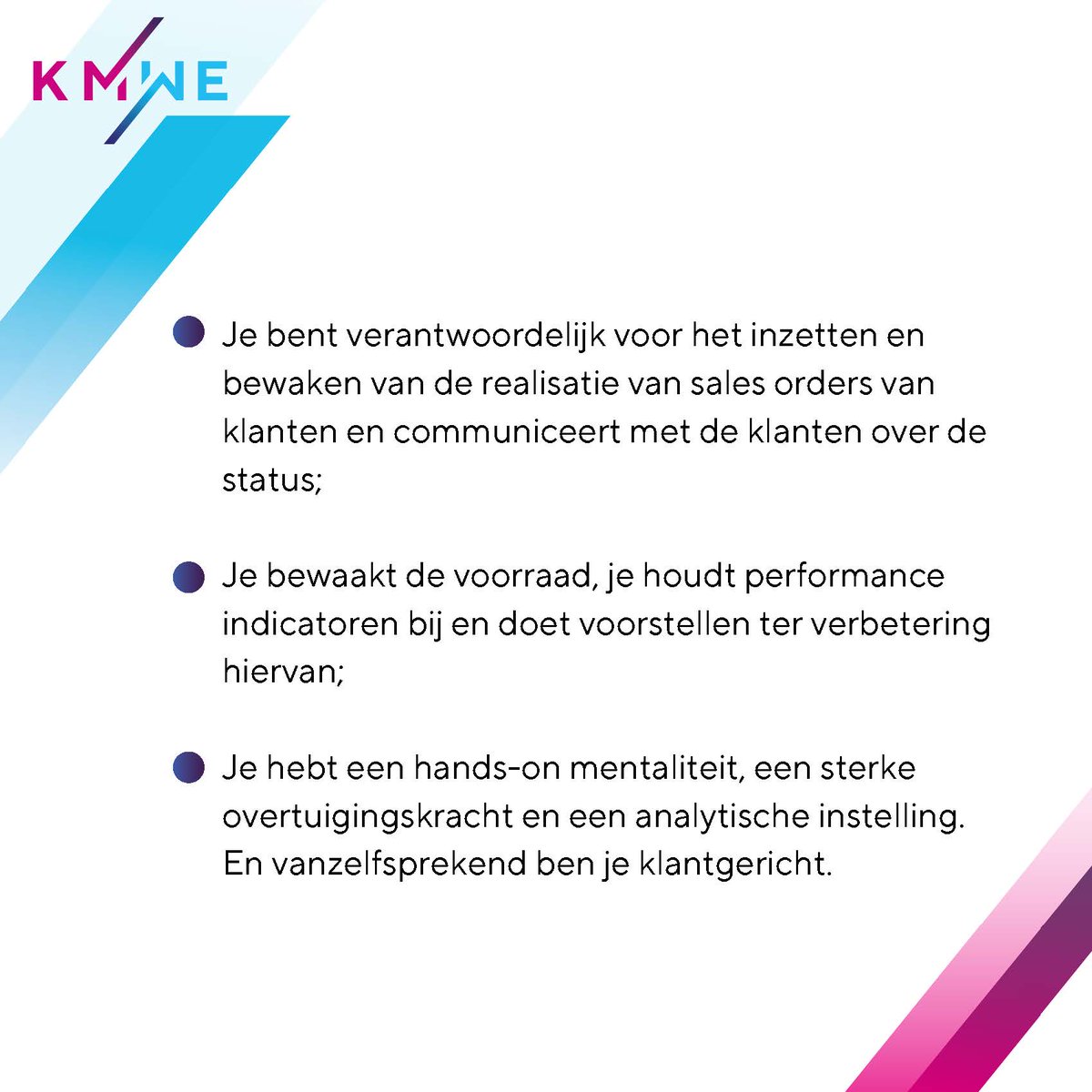 KMWEprecision's tweet photo. 𝐉𝐨𝐛 𝐚𝐥𝐞𝐫𝐭! Wij zoeken een 𝐎𝐩𝐞𝐫𝐚𝐭𝐢𝐨𝐧𝐚𝐥 𝐏𝐥𝐚𝐧𝐧𝐞𝐫!
Als Operational Planner ben je verantwoordelijk voor het managen en coördineren van het Order Fulfillment proces binnen het Account Team op korte en middellange termijn. 
#operationalplanner #vacature https://t.co/Zg7EYYBQI0