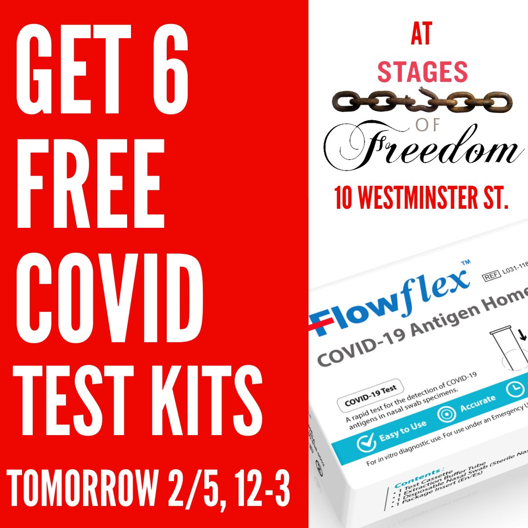 stages_freedom's tweet photo. TOMORROW Stages of Freedom offers you up to 6 FREE at-home COVID TESTS thanks to RIDOH

Go to Stages of Freedom at 10 Westminster in Providence SATURDAY 12-3

Come to the door and call 401-421-0606 and we'll bring them to you while supplies last

Please tell your community! https://t.co/DrFJ8sEBlM