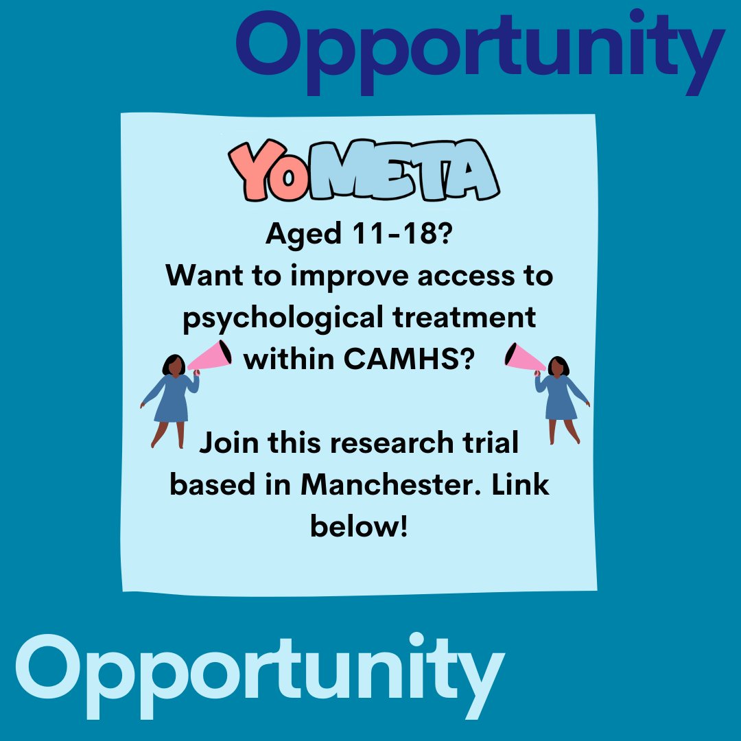 ⭐New opportunity!⭐

Don't miss this opportunity to help the research trial,  YoMeta (<a href="/ADePT_RU/">ADePT-RU</a>) provide a wider range of treatment options within CAMHS in #Manchester.

If you are 11-18 apply now! Find out more with the link below 
👇
ow.ly/V2FS30s9Cv2