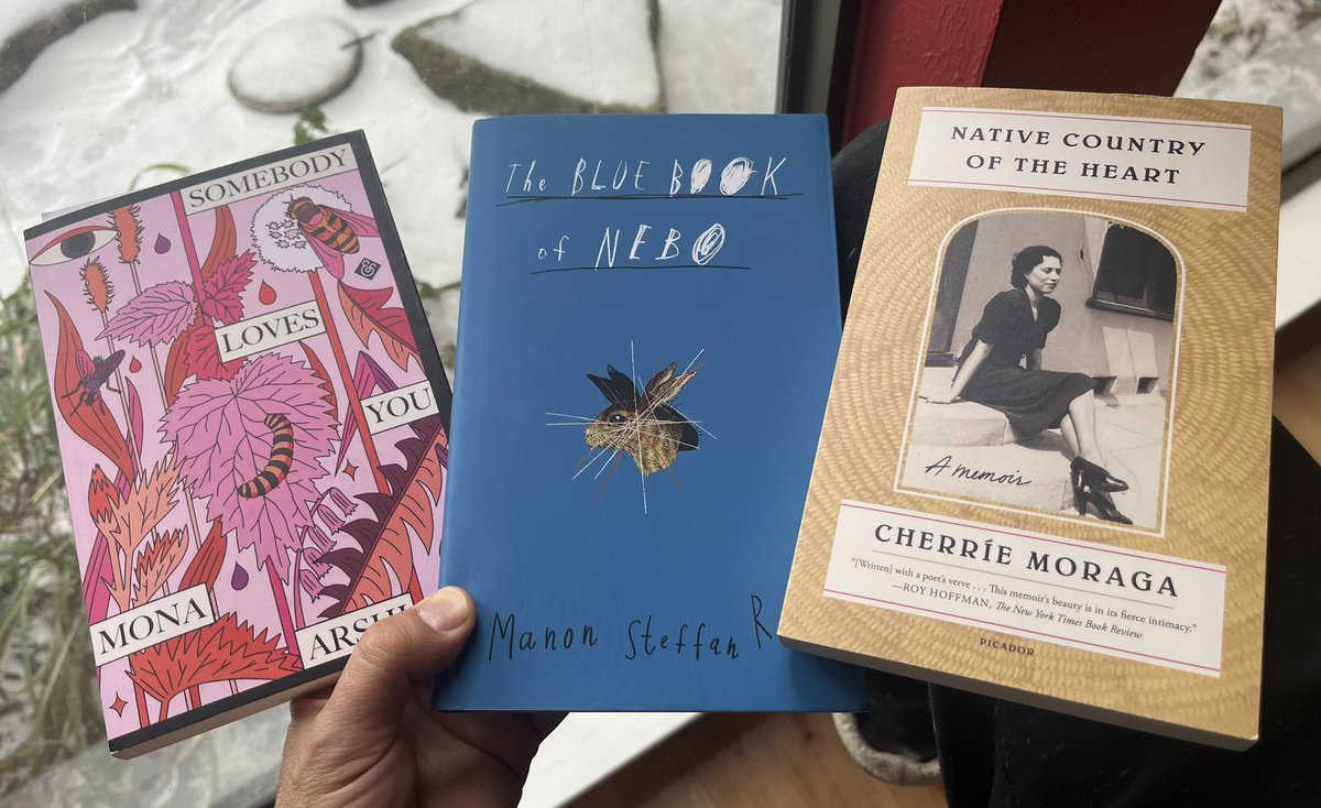 Another snow day isn’t so bad when you’ve got this stack of books! L-R …

@/arshi_mona with a prose poetic coming of age story

@/ManonSteffanRos w a post-nuclear mother & son survival story (trans from Welsh by the author!)

@/CherrieMoraga moving mother daughter memoir

☕️📚