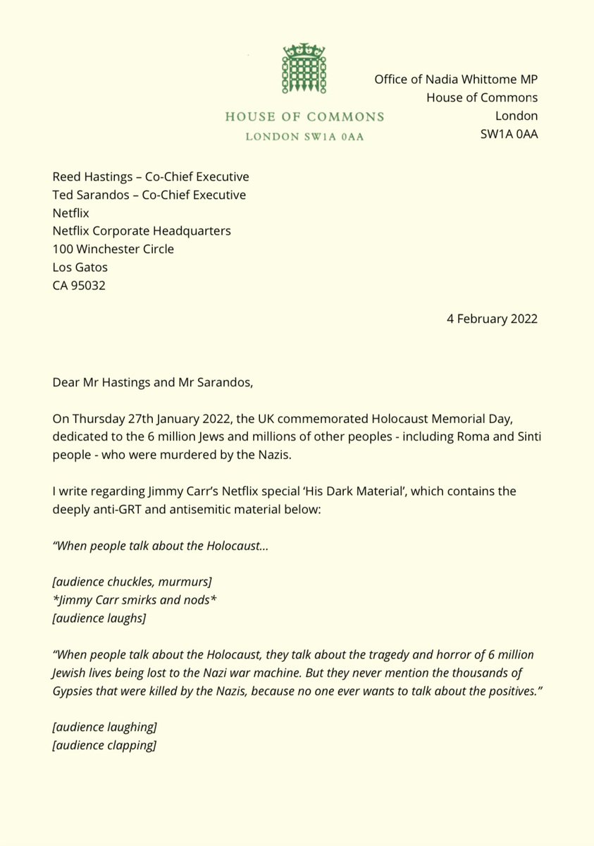 NadiaWhittomeMP's tweet photo. I have written urging Netflix to remove Jimmy Carr’s vile anti-GRT and antisemitic material.

I have also requested an update from @DCMS on progress to bring streaming platforms under Ofcom regulation.

My full solidarity with GRT communities, today and always. https://t.co/We6MRJVyjb