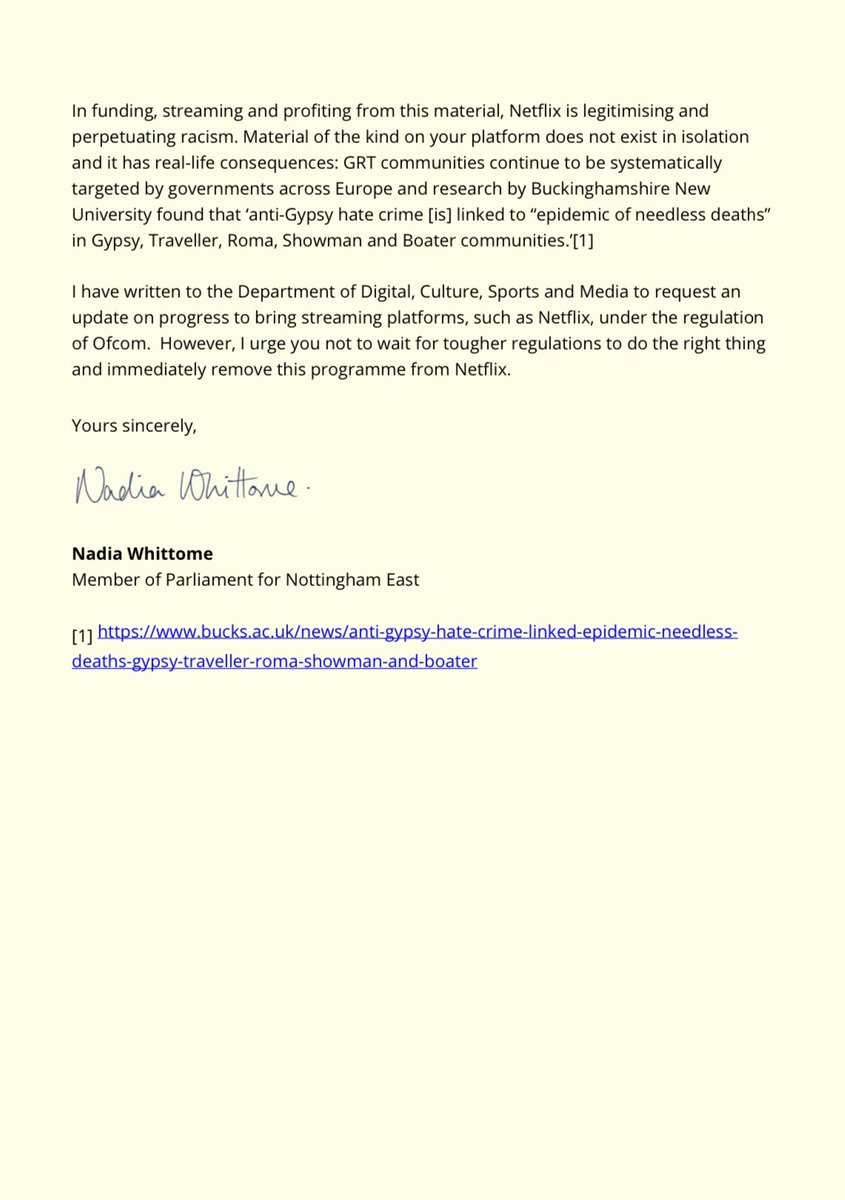 Nadia Whittome MP (@nadiawhittomemp) on Twitter photo I have written urging Netflix to remove Jimmy Carr’s vile anti-GRT and antisemitic material.
I have also requested an update from <a href="/DCMS/">Department for Culture, Media and Sport</a> on progress to bring streaming platforms under Ofcom regulation.
My full solidarity with GRT communities, today and always. I have written urging Netflix to remove Jimmy Carr’s vile anti-GRT and antisemitic material.
I have also requested an update from <a href="/DCMS/">Department for Culture, Media and Sport</a> on progress to bring streaming platforms under Ofcom regulation.
My full solidarity with GRT communities, today and always.