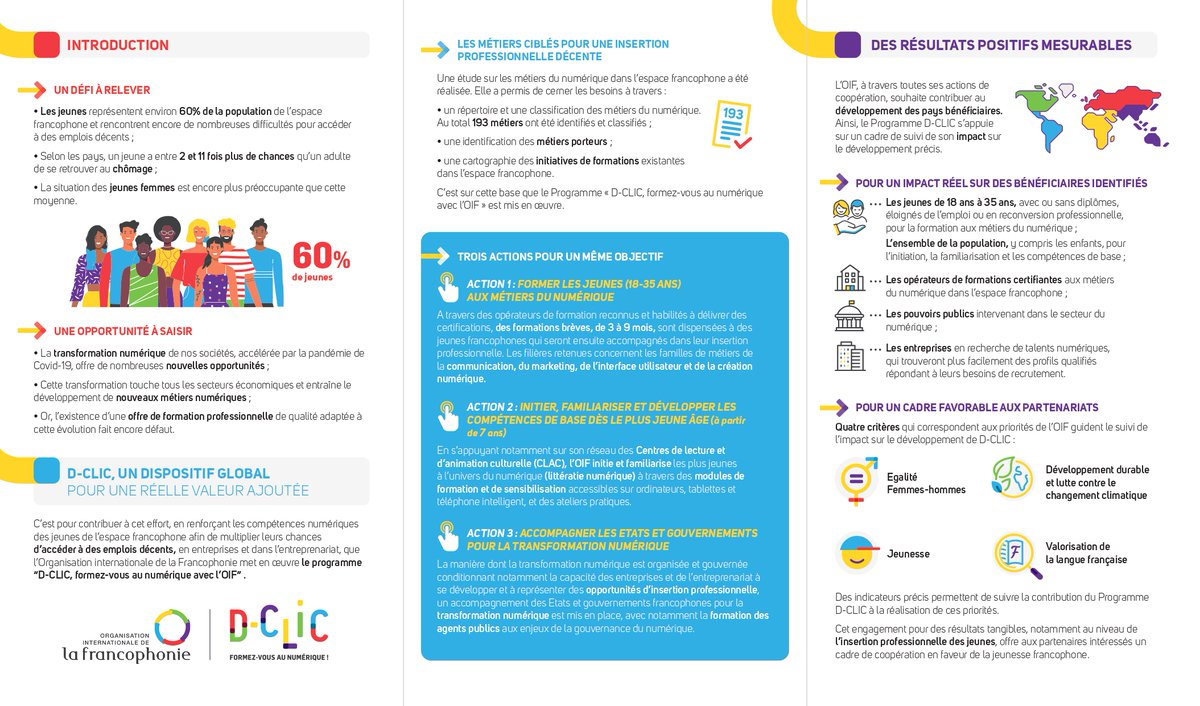 Avec son projet "DCLIC", l'OIF forme les jeunes aux métiers du numérique dans 10 pays: Cote d' Ivoire,Djibouti,Madagascar,Mali,Niger, République démocratique du Congo,Togo,Tunisie et Haïti.
Les inscriptions sont en cours. 
En Haïti, voir avec notre partenaire Banj.