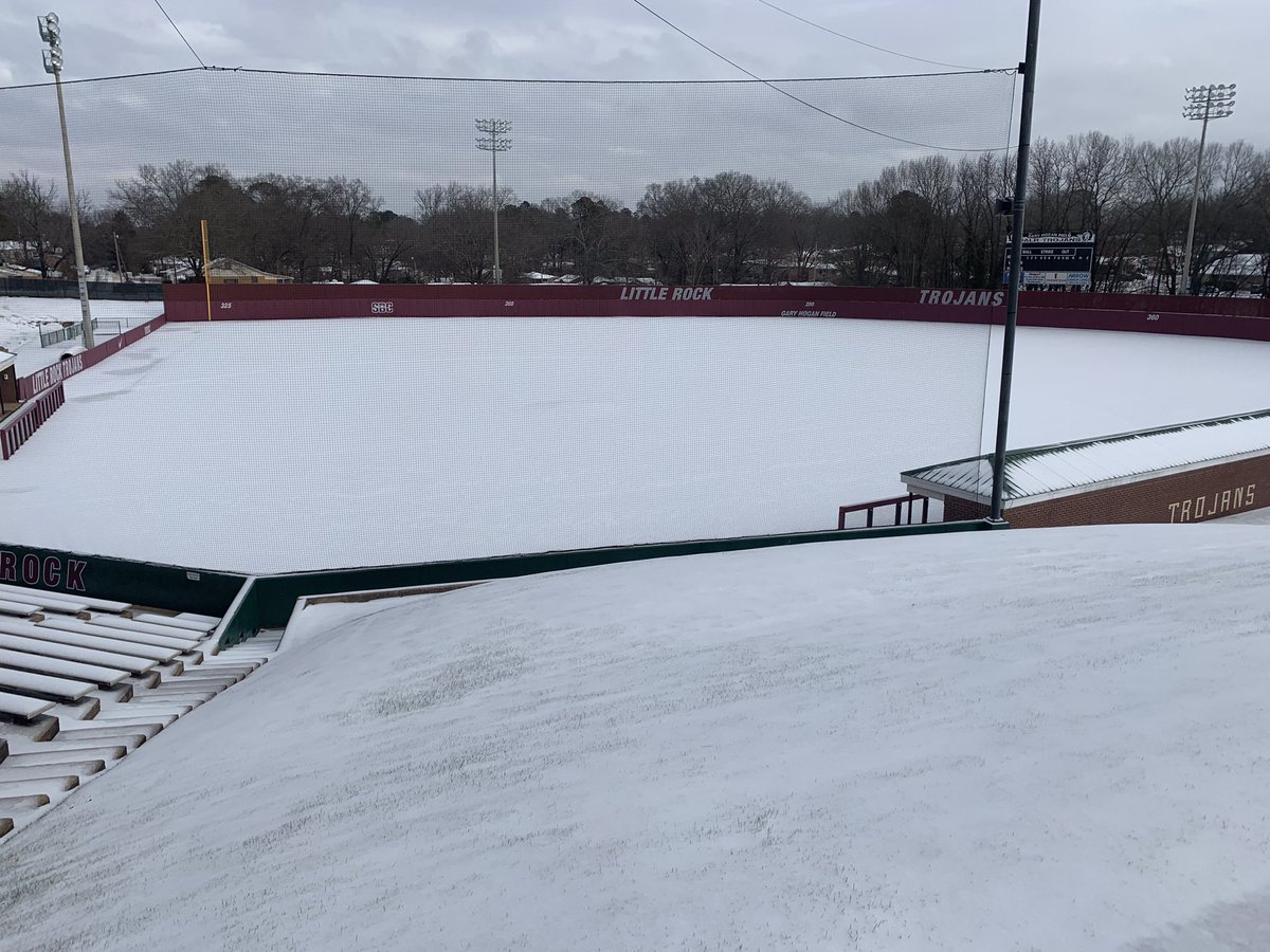 Even under snow, Gary Hogan Field looks great!

But hoping for much better weather in Opening Day two weeks from today.

#LittleRocksTeam | <a href="/NCAABaseball/">NCAA Baseball</a>