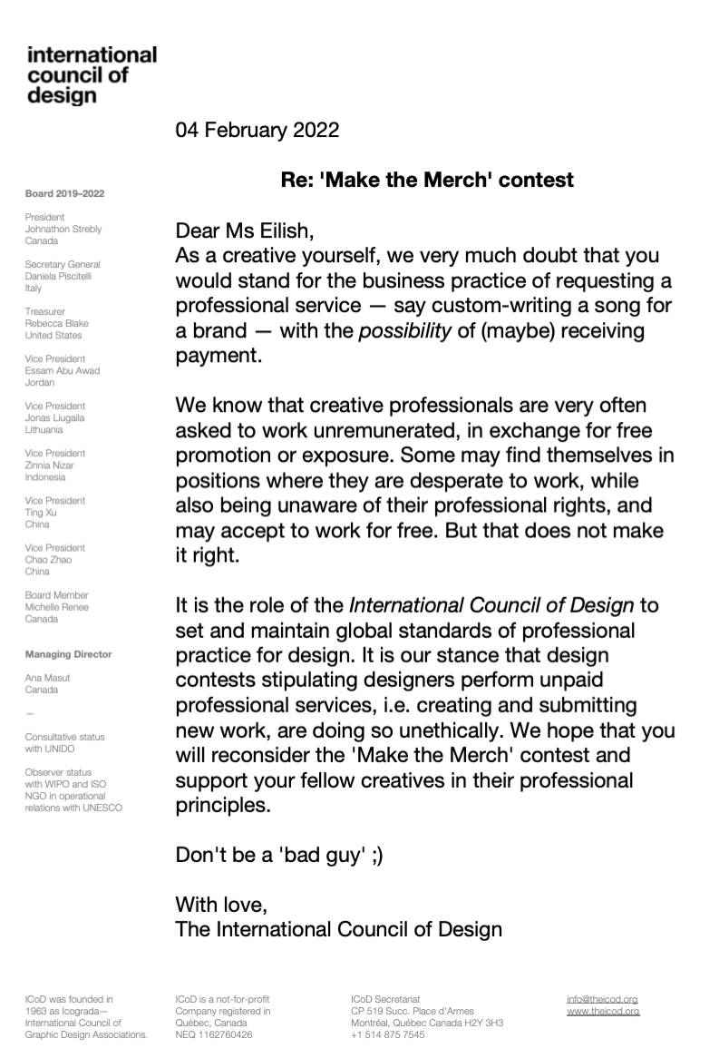 Disappointed in the #BillieXAdobe Make the Merch contest, which is exploitative of designers. Read our open letter to <a href="/billieeilish/">billie eilish</a> (<a href="/paradigmagency/">ParadigmTalentAgency</a>) on her contest with <a href="/Adobe/">Adobe</a>. #notospec #unethicalpractices CC:<a href="/gaguild/">GraphicArtistsGuild</a>  @GDCNational