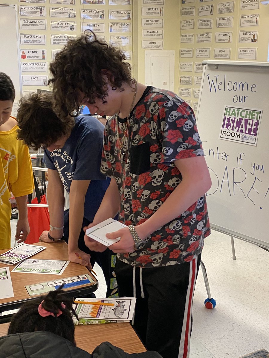 CarteretK12's tweet photo. Friday ESCAPE room at Bridges School. Students read the book Hatchet, and the staff created a differentiated survival escape room with context clues based on the book. Did they escape? You’ll have to ask a Bridges student, their creative staff or @CathyTomon. #BrighterTogether https://t.co/ogzVETdByA