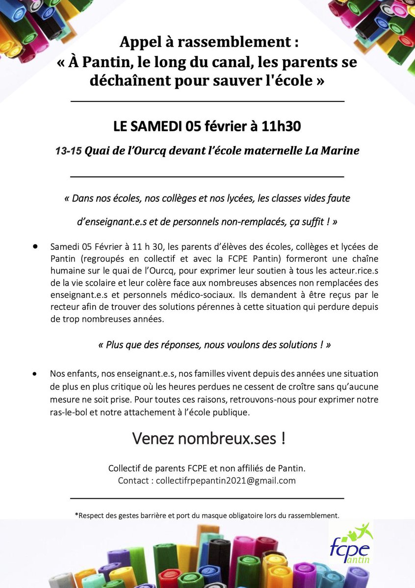 Rendez-vous demain aux côtés des parents d'élèves de #Pantin. Le manque de moyens dans nos écoles, l’éducation nationale qui ne répond pas à nos alertes, ça suffit! Face aux ruptures d’égalité, nous exigeons des solutions pour nos enfants, pour les familles, pour les personnels.