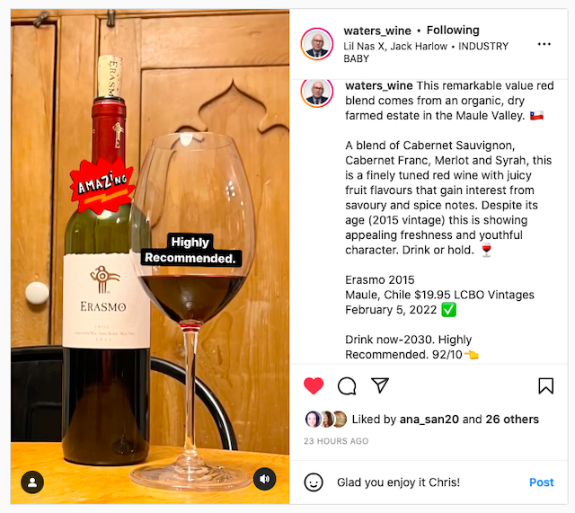 When Chris Waters aka <a href="/waters_wine/">Christopher Waters</a> says 'Highly Recommended' we just ask how many to buy.

Get some Erasmo before it's gone!

#LCBO #Vintages #cabernetsauvignon #cabernetfranc <a href="/WinesofChile/">Wines of Chile</a> <a href="/Coldorcia/">Col d'Orcia</a>