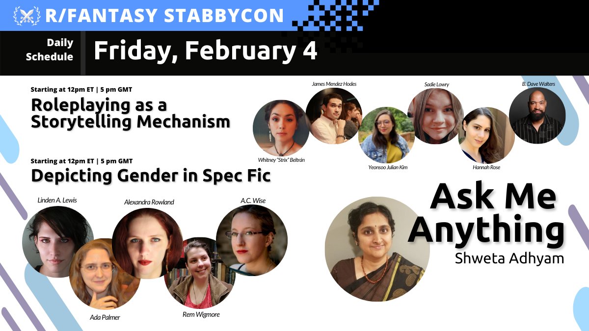Reddit_Fantasy's tweet photo. StabbyCon
AMA @shweta_adhyam 
12pm EST|5pm GMT Roleplaying as a Storytelling Mechanism - @the_strix, @LulaVampiro, @yjuliankim, @incandescaent, @wildrosemage &amp; @BDaveWalters
12pm EST Depicting Gender in Spec Fic - @lindenalewis, @Ada_Palmer, @_alexrowland,  @faewriter &amp; @ac_wise https://t.co/BXvXXQ7OEg