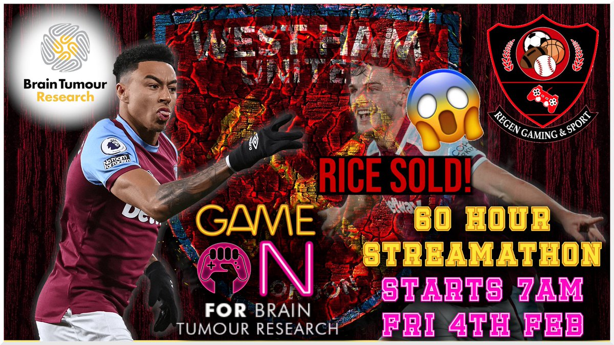 GamingRegen's tweet photo. As we approach the 10-hour mark in the charity fundraiser for @braintumourrsch, @Ticker147 has reached the January transfer window which means, thanks to multiple forfeits, we have waved goodbye to Declan Rice!
To donate: https://t.co/pwZz4qB8o3
#Ricegate #RiceOut ❌ https://t.co/53EX9VkcM1