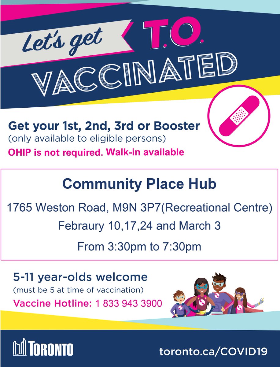 📢 ATTENTION: We are operating a pop-up vaccine clinic at #CommunityPlaceHub!

 ✔️Feb 10,17, 24 and March 3
 ✔️Get your 1st, 2nd, 3rd or Booster 
 ✔️Walk-in available
 ✔️5-11 year-olds welcome
 ✔️OHIP is not required

#covid19 #covid19vaccination #covid19ON