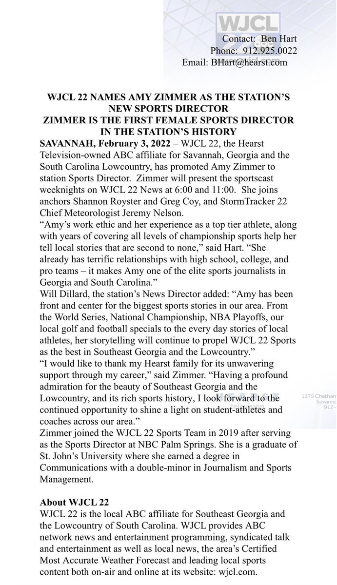AmyZimmerWJCL's tweet image. UPDATE: Happy to announce that I’ve officially accepted a promotion to become the next Sports Director at @WJCLNews In the last 2.5 years, I’ve worked as the weekend Sports Anchor/Reporter, and now, I’m proud to be the first female to hold this position in this station’s history.