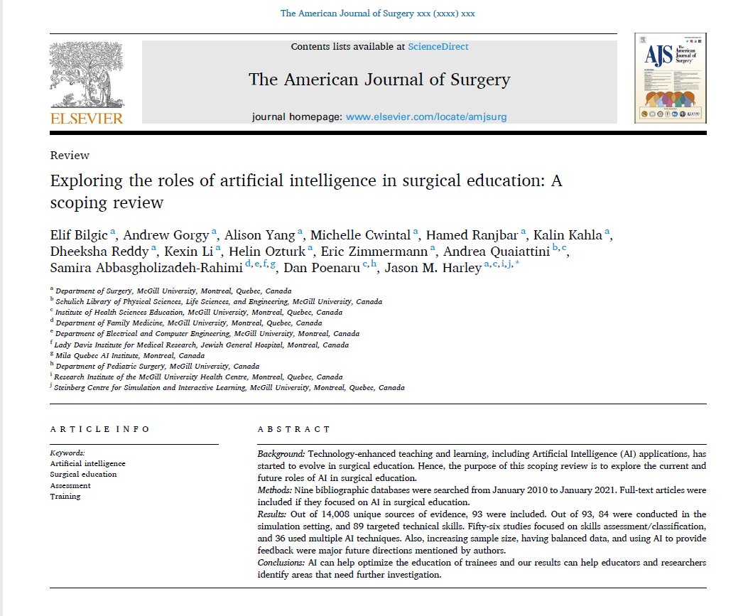 Jason M. Harley, PhD 🏳️🌈 (they / them) (@jasonharley07) on Twitter photo How are we using & what's next for #AI🤖in #SurgicalEducation🏥? Thrilled to share our article in <a href="/AmJSurgery/">AmJSurgery</a> led by my postdoc <a href="/ElifBilgic16/">Elif Bilgic</a> who started her 1st week as Prof in <a href="/MERIT_McMaster/">McMaster Education Research, Innovation & Theory</a> & <a href="/mac_peds/">MacPeds</a> this week! 🥳 Funded by <a href="/SSHRC_CRSH/">SSHRC</a> sciencedirect.com/science/articl… <a href="/McGillMed/">McGill Medicine and Health Sciences</a> How are we using & what's next for #AI🤖in #SurgicalEducation🏥? Thrilled to share our article in <a href="/AmJSurgery/">AmJSurgery</a> led by my postdoc <a href="/ElifBilgic16/">Elif Bilgic</a> who started her 1st week as Prof in <a href="/MERIT_McMaster/">McMaster Education Research, Innovation & Theory</a> & <a href="/mac_peds/">MacPeds</a> this week! 🥳 Funded by <a href="/SSHRC_CRSH/">SSHRC</a> sciencedirect.com/science/articl… <a href="/McGillMed/">McGill Medicine and Health Sciences</a>