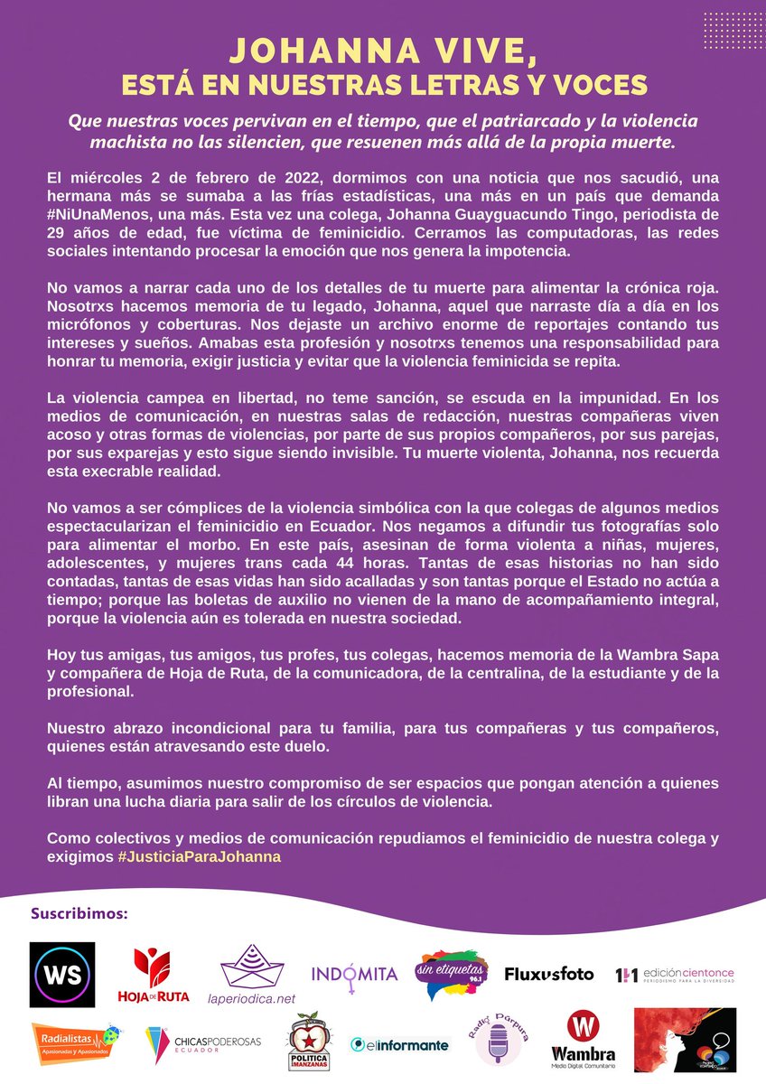 PeriodismoFemEc's tweet photo. Como periodistas feministas compartimos el comunicado en solidaridad con las colegas de @WambraSapo @RutaHoja por el feminicidio de Johanna Guayguacundo periodista y fundadora del medio digital Wambra Sapo. 

Exigimos alto a la violencia machista y #JusticiaParaJohanna https://t.co/op3xmc1NfQ