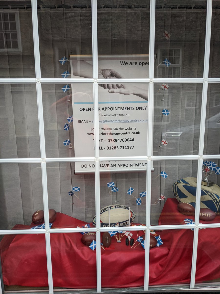 FairfordTherapy's tweet photo. Getting the window display ready for the Six Nations...Guess there's no secret who I'm cheering for 😂🏴󠁧󠁢󠁳󠁣󠁴󠁿😂🏴󠁧󠁢󠁳󠁣󠁴󠁿😂 https://t.co/4fBmWGeShx