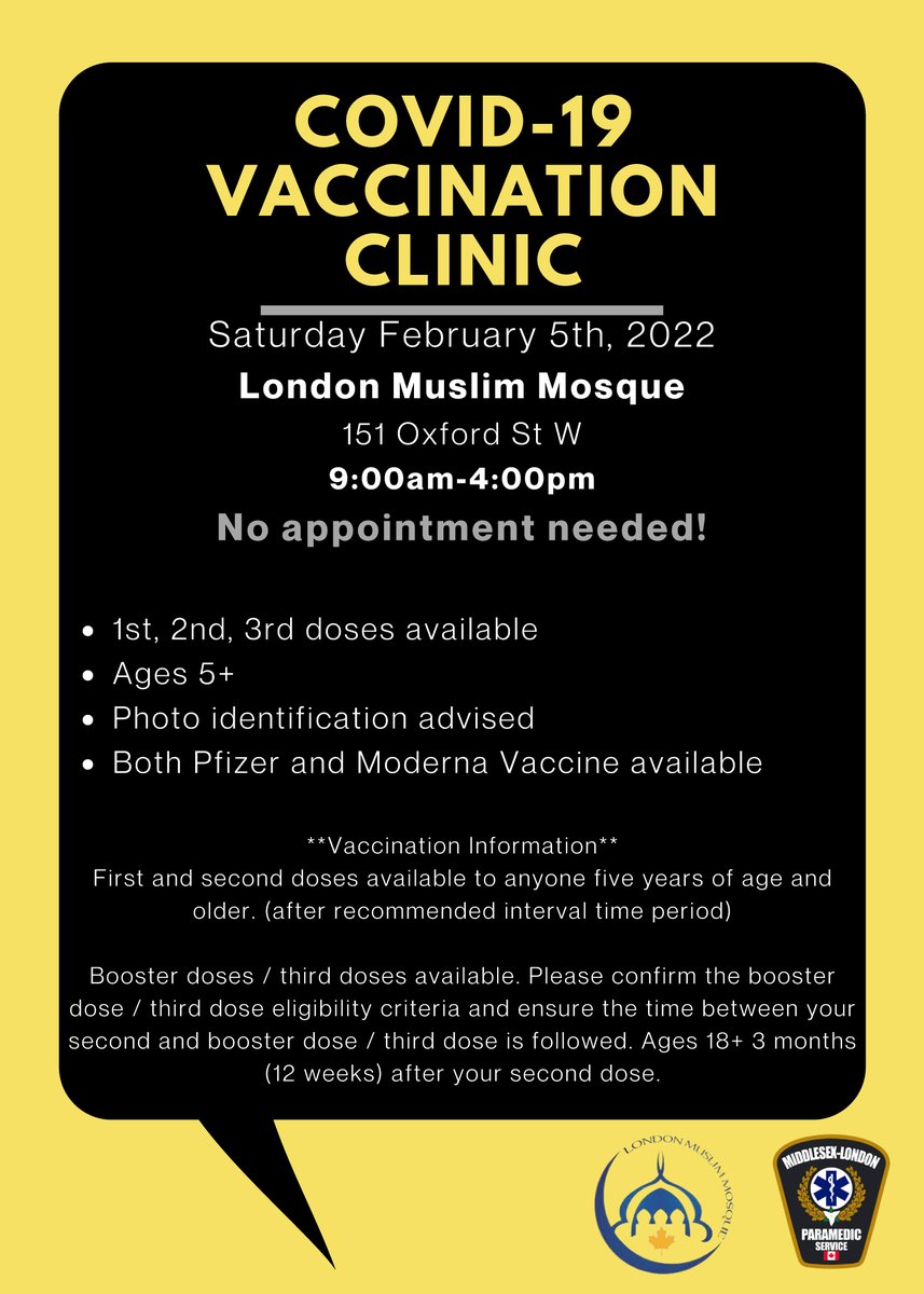 Need your first, second or third dose / booster dose of COVID-19 vaccine? <a href="/MLPS911/">ML Paramedic Service</a> is running a walk-in clinic <a href="/LondonMosque/">London Muslim Mosque</a> this Saturday from 9AM to 4PM. No appointment needed! #LdnOnt #GetVaxxed✌️🏽 /1