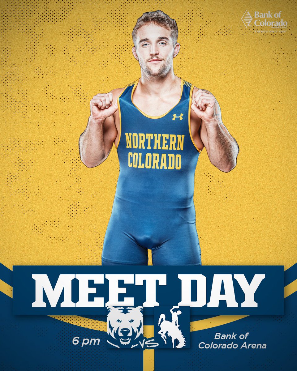 One last Friday inside the 🏦 this year! Let's pack it! 

🆚 Wyoming
⏰ 6 pm
📍 Greeley, Co.
🏟️ Bank of Colorado Arena
📺 <a href="/FloWrestling/">FloWrestling</a> 
🎟️ UNCBears.com/Tickets

#GetUpGreeley🐻🤼 #HibernationIsOver
