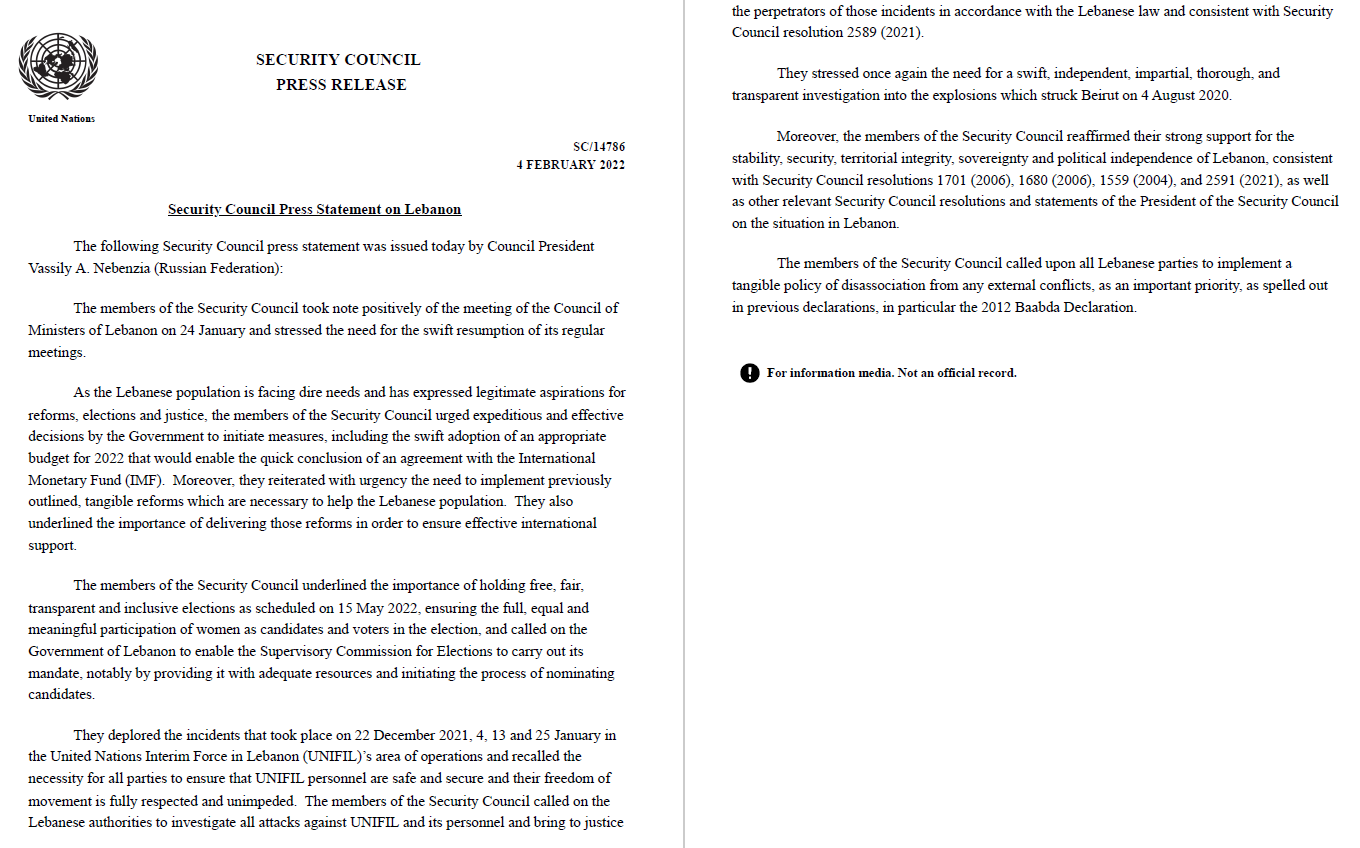 Un Political And Peacebuilding Affairs On Twitter: "The Members Of The  Security Council Reaffirmed Their Strong Support For #Lebanon's Security,  Sovereignty And Political Independence. They Also Underlined The Importance  Of Holding Free,