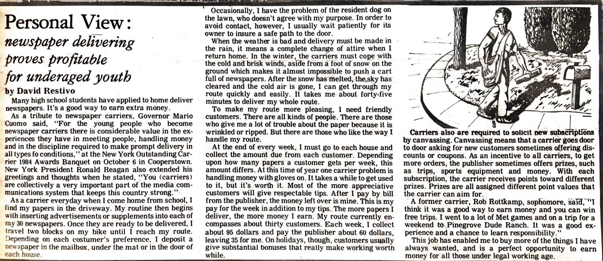 FHS_PaperLion's tweet photo. Anyone else remember when being a newspaper carrier was a way for teenagers to earn money? Check out this article from the December 1984 edition of the Paper Lion! Then read Jake Miller's commentary about working while in high school! 
https://t.co/fojPnyYDGQ https://t.co/FzWDOfAsPW