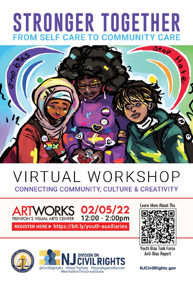CivilRightsNJ's tweet image. Join us tomorrow Feb. 5th at 12pm for a virtual workshop with @ArtworksTrentonNJ. Learn how to take care of yourself in order to have strength to care for your community. Register here to attend! bit.ly/youth-auxiliar… #Civilrightsnj #Nohateinthisgreatstate