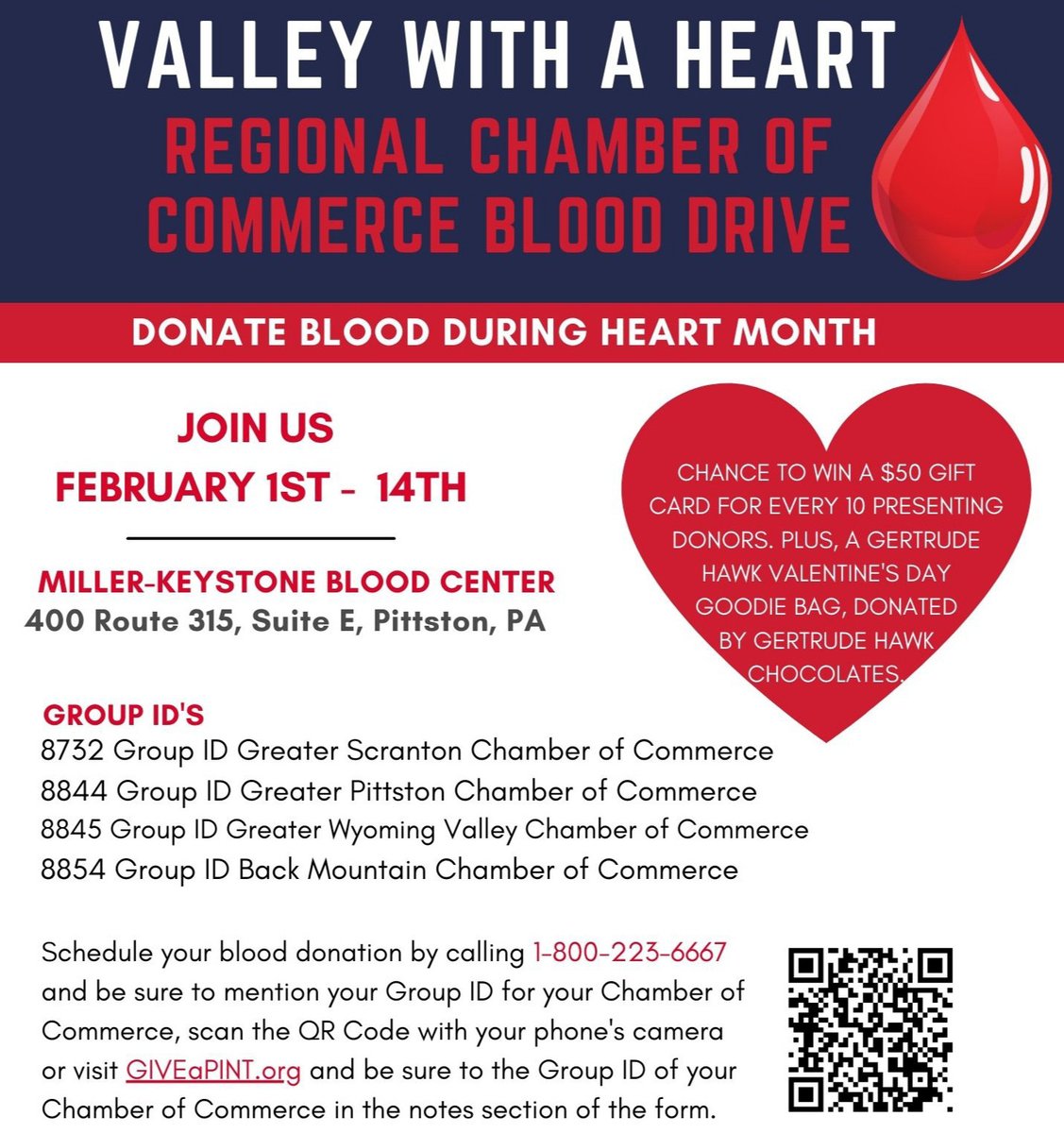 We're teaming up with Miller Keystone Blood Center Pittston and our Chamber partners Greater Pittston Chamber, Back Mountain Chamber, and Greater Wyoming Valley Chamber of Commerce for a regional blood drive February 1 - 14. Sign up: ow.ly/ftAa50HIynt