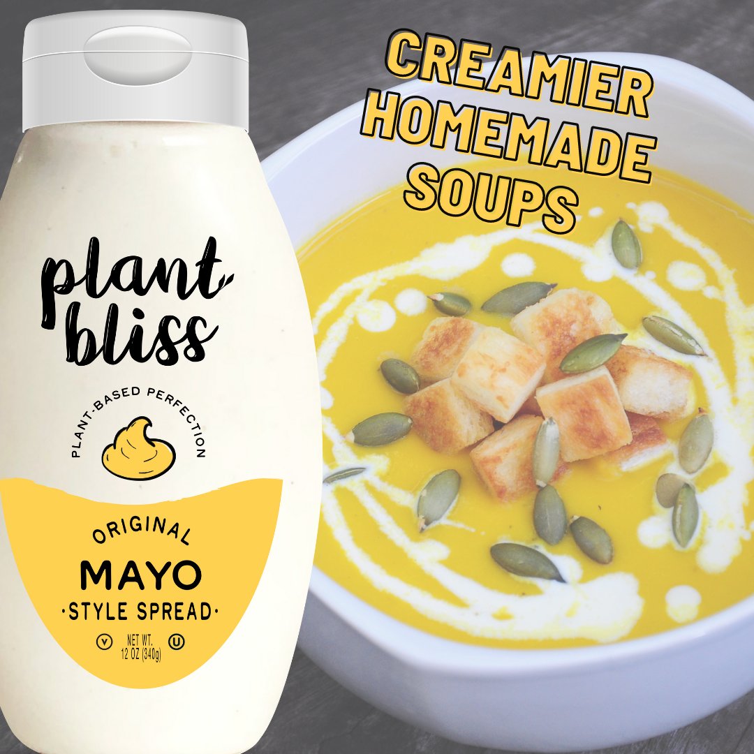 Happy National Homemade Soup Day! Did you know you can add our original mayo in puréed soups for creamier textures? You could do the same with our other flavors and discover new tastes! There's endless possi-bliss-ities! ☺️ #plantbasedperfection #nationalhomemadesoupday #vegan