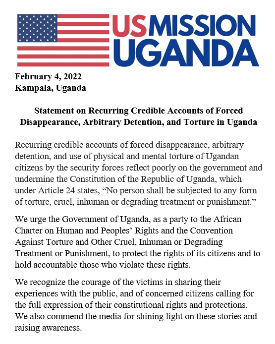 USEmbassyUganda's tweet image. U.S. Mission Uganda Statement on Recurring Credible Accounts of Forced Disappearance, Arbitrary Detention, and Torture in Uganda