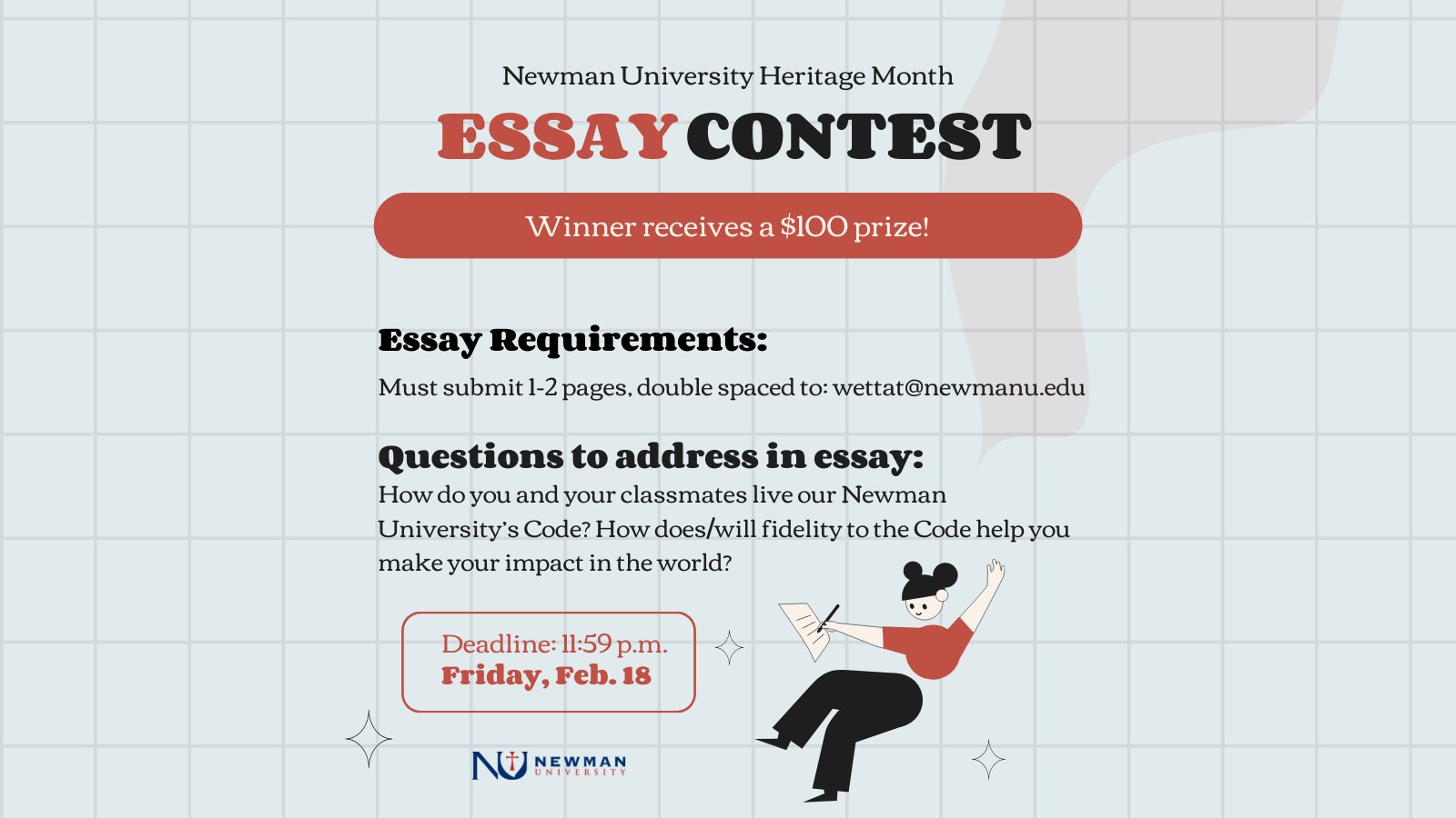 Newman University 2022 Christmas Concert Newman University On Twitter: "One Lucky Student Will Receive An Award Of  $100 For His Or Her #Essaycontest Submission For Heritage Month At Newman!  Deadline To Submit: 11:59 P.m. Friday, Feb. 18.