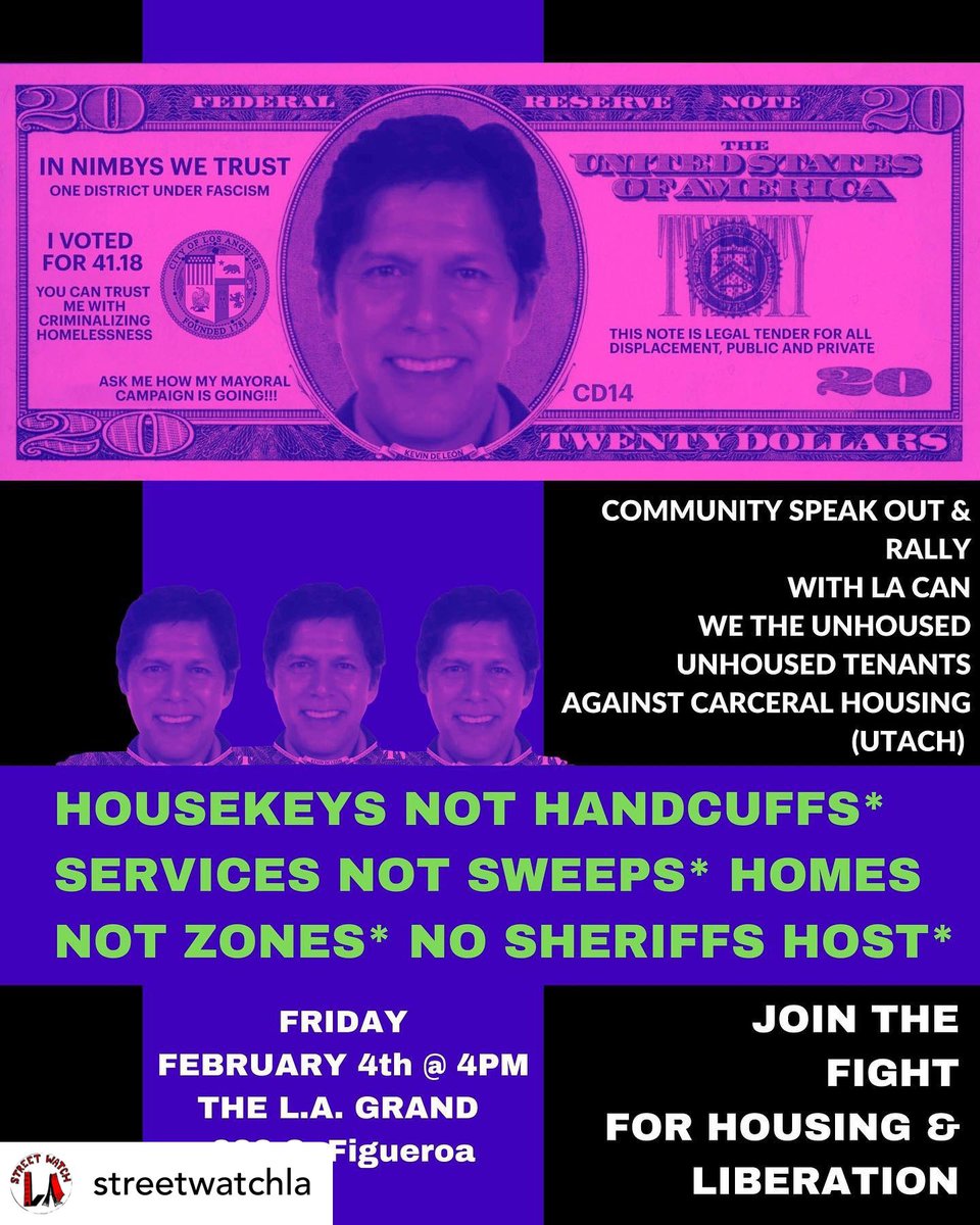 TODAY, February 4th @ 4pm at The L.A. Grand (333 S. Figueroa)

Join @StreetWatchLA @LACANetwork, @wetheunhoused, @jtownaction, Unhoused Tenants Against Carceral Housing (UTACH). 

#HOUSEKEYSNOTHANDCUFFS
#HOMESNOTZONES
#SERVICESNOTSWEEPS
#ENDSHERIFFSHOST