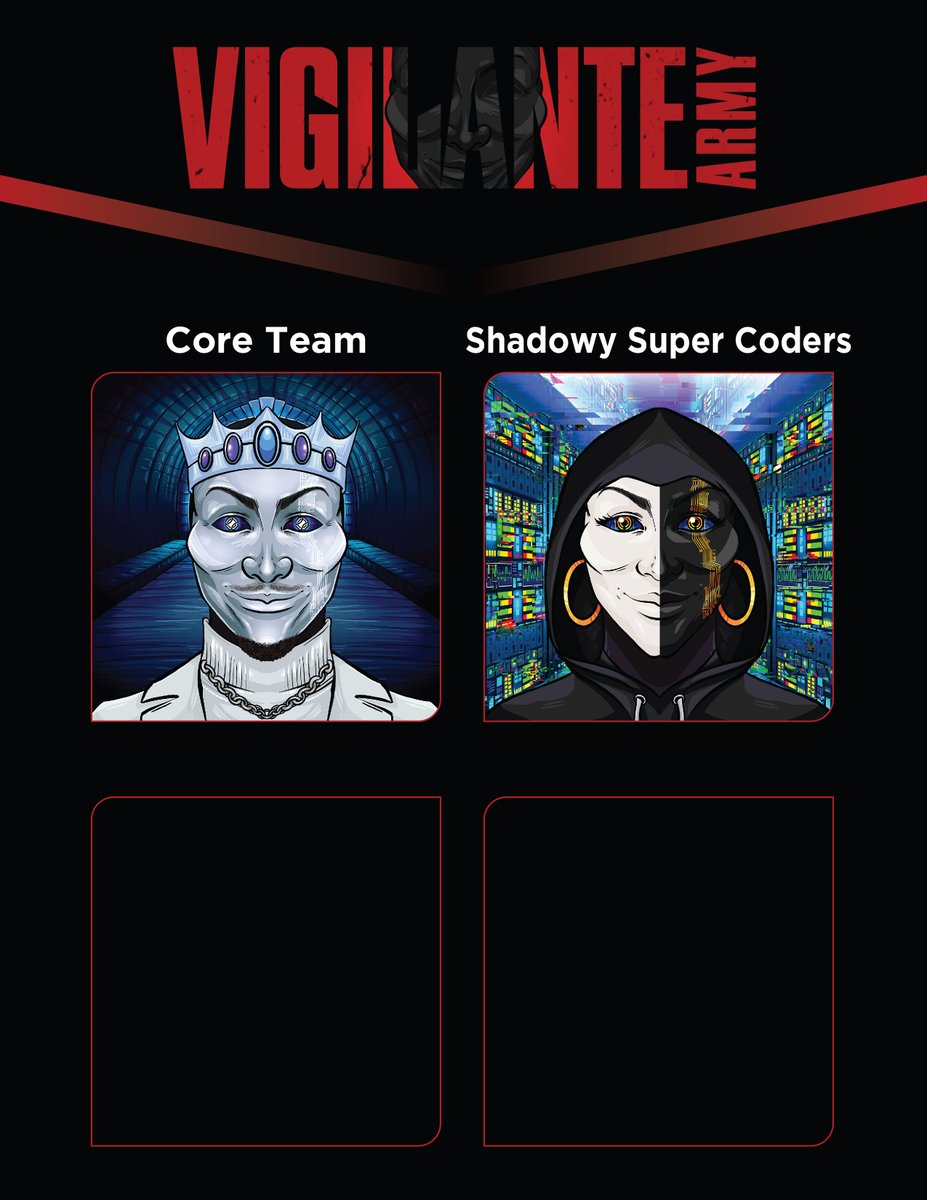 Introducing the 2nd of the 4 NFT collections making up the Vigilante Army! Joining our Core Team in this fight is our band of Shadowy Super Coders. 

These NFTs can't be purchased &amp; must be earned. There are both masculine and feminine versions of the NFTs available.
