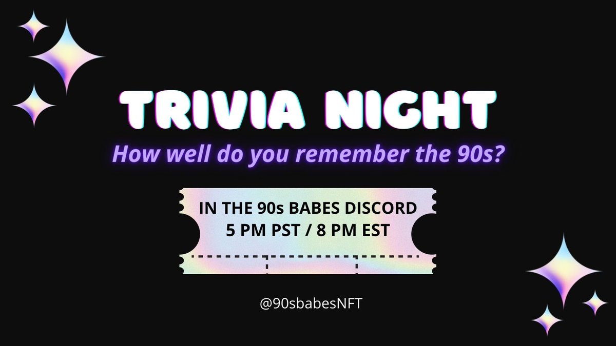 90sbabesnft's tweet photo. Join us tonight in our Discord for 90s Trivia Night! Earn prizes, show off your random 90s knowledge, and have fun! First place will win a free NFT and super special Discord role 🥰🙌 https://t.co/uHddToNlFp https://t.co/wj3HBDca8Y