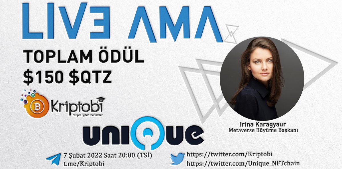 🔶Kriptobi olarak #UniqueNetwork (<a href="/Unique_NFTchain/">Unique Network</a>) projesini grubumuzda ağırlıyoruz.

➖Tarih: 7 Şubat 20.00
➖ Etkinlik yeri: t.me/kriptobi

▶️ Sorularınızı bu tweetin altına yazabilirsiniz. 6 kazanan olacaktır. Twitter soruları (3) ve Telegram canlı soruları (3)