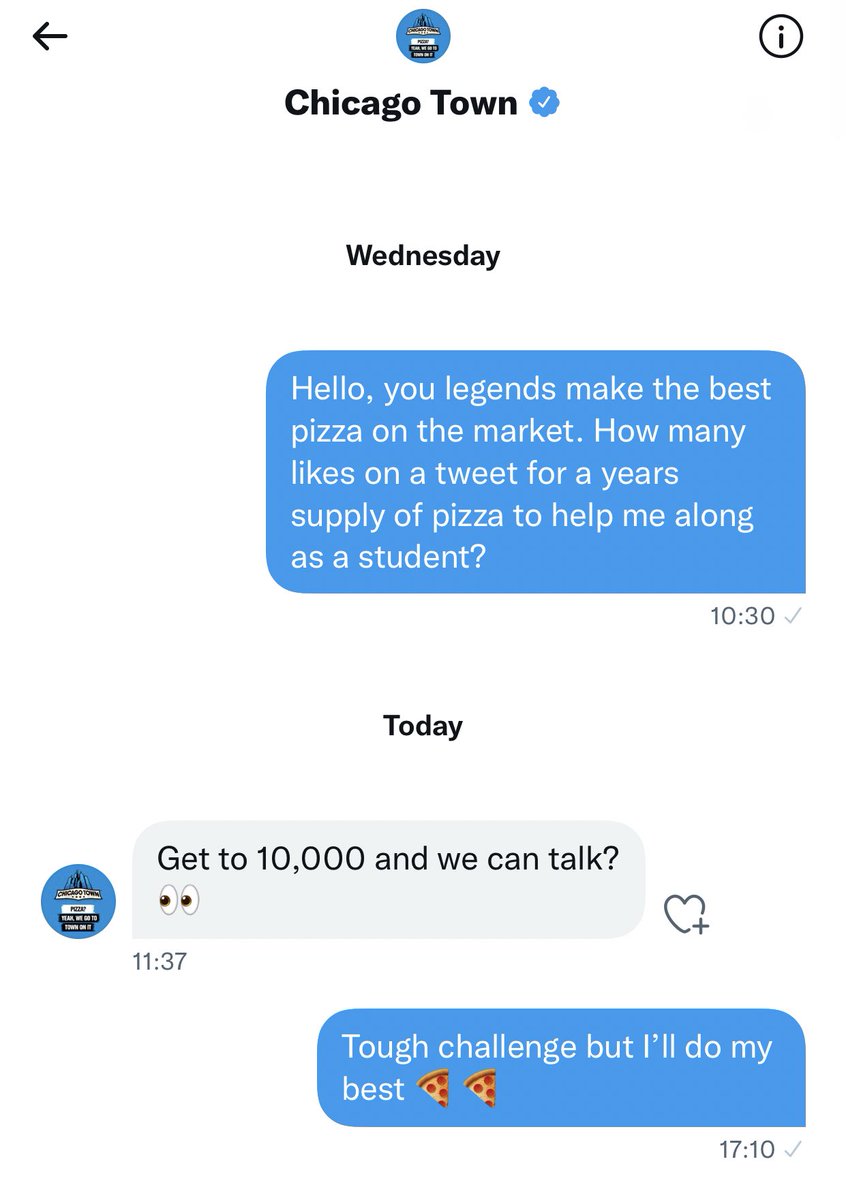 Hello everyone!! The wonderful people at <a href="/chicagotown/">Chicago Town</a> have set me a challenge of 10,000 likes on this tweet for a years supply of pizza! Would really appreciate your help if you could drop a like and retweet 🍕🍕