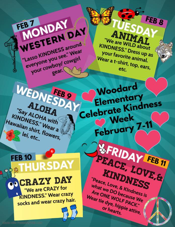 WoodardCFISD's tweet photo. We’re celebrating kindness week next week! Check out all the fun for our spirit wear days!! 🐺❤️ #ALLINWolfpack https://t.co/iTL0rIBE6m