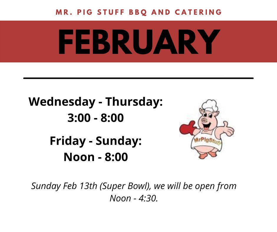 We've expanded our hours! We're now open on Sundays and for lunch Friday - Sunday.

Order online: mrpigstuff.com/order