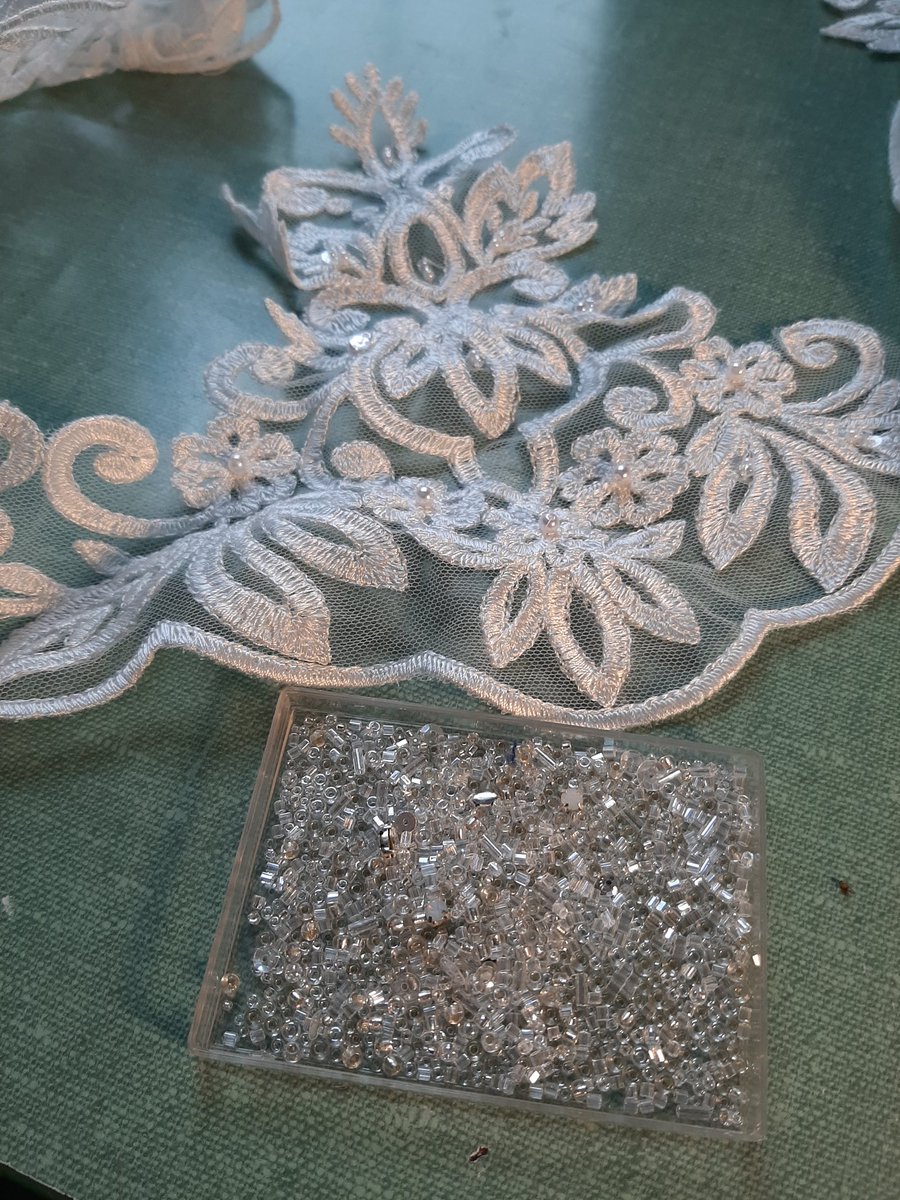 Storm day doesn't mean it's not a work day
Hand beading the trim