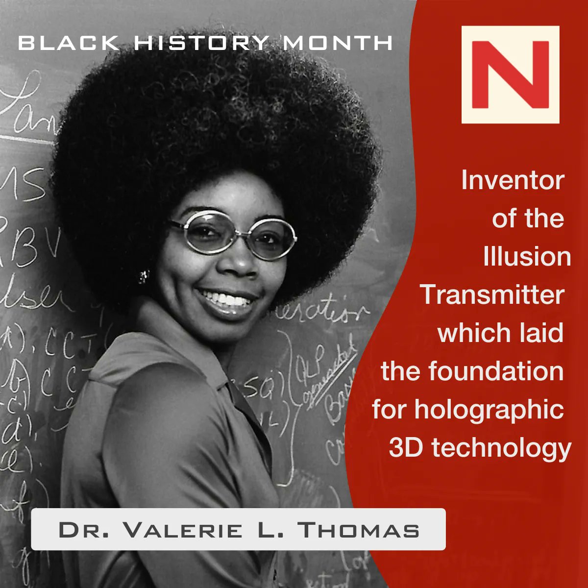 Dr. Valerie Thomas performed #DataAnalytics for <a href="/NASA/">NASA</a> and developed systems that helped transmit images of Earth from satellites. Dr. Thomas also invented the Illusion Transmitter which laid the foundation for holographic 3D technology.

#blackhistorymonth #agscience