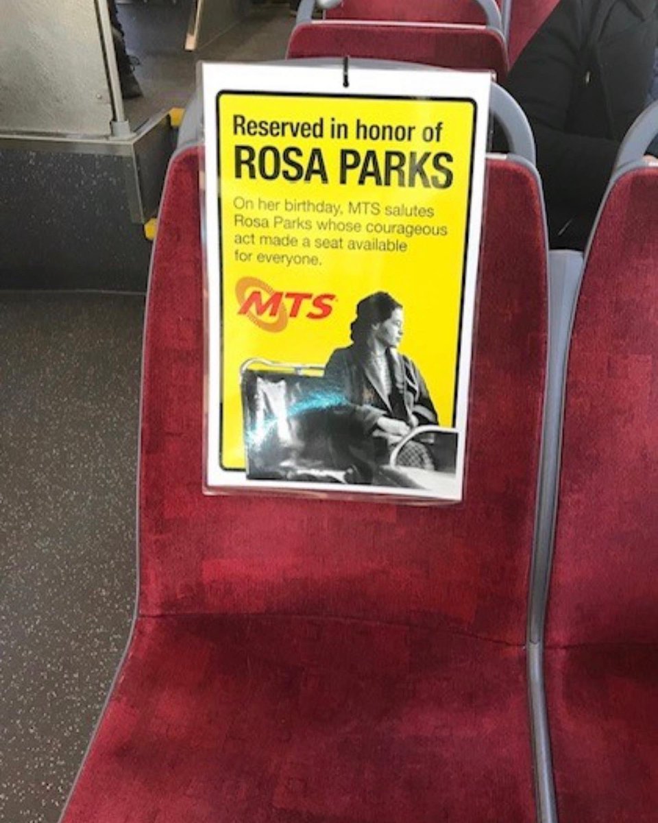 sdmts's tweet photo. Today, Feb. 4 is #TransitEquityDay and Rosa Parks’ birthday! MTS is honoring Rosa Parks by reserving a seat on buses across San Diego to commemorate her courageous acts and fight against segregation. 
#RosaParks #BlackHistoryMonth #Feb4 https://t.co/PmXU58K65I