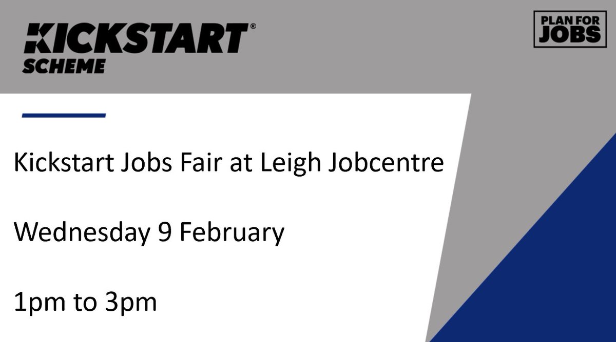 JCPinManchester's tweet photo. #GMKickstart
Leigh Jobcentre is holding a Kickstart Jobs Fair next Wednesday
If you are 24 or under and receiving Universal Credit, contact your Work Coach by journal message to book your place!
@WiganCouncil, @JDSports and @GroundworkGM and more will be there!
#WiganJobs https://t.co/309tZuE9t6