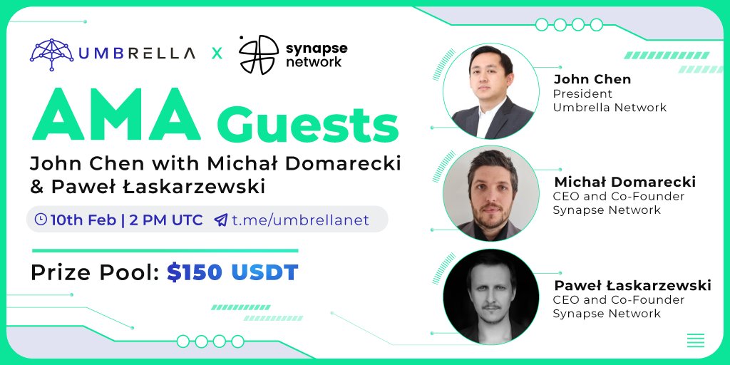 You're invited!! 🔔

Join $UMB President @J0HNCHEN  as he welcomes <a href="/SynapseNetwork_/">Synapse Network</a>  Co-Founders for a discussion on DeFi, oracles and decentralization. 

🗓️ Feb 10th 
⏰ 2 PM UTC 
📍 t.me/umbrellanet 

➡️ Retweet &amp; comment for a chance at $150 USDT 

#oracles #AMA #DeFi