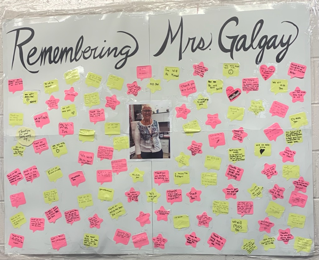 .  <a href="/SPJHPythons/">SPJH</a>  community is reflecting and remembering Mrs Frances Galgay, who passed away a year ago. Frances was a huge part of our school for years. Her kindness, humor &amp; ❤️ impacted so many. Student Council is donating $500 to <a href="/KidsEatSmartNL/">Kids Eat Smart</a> in her memory.@JonathanGalgay