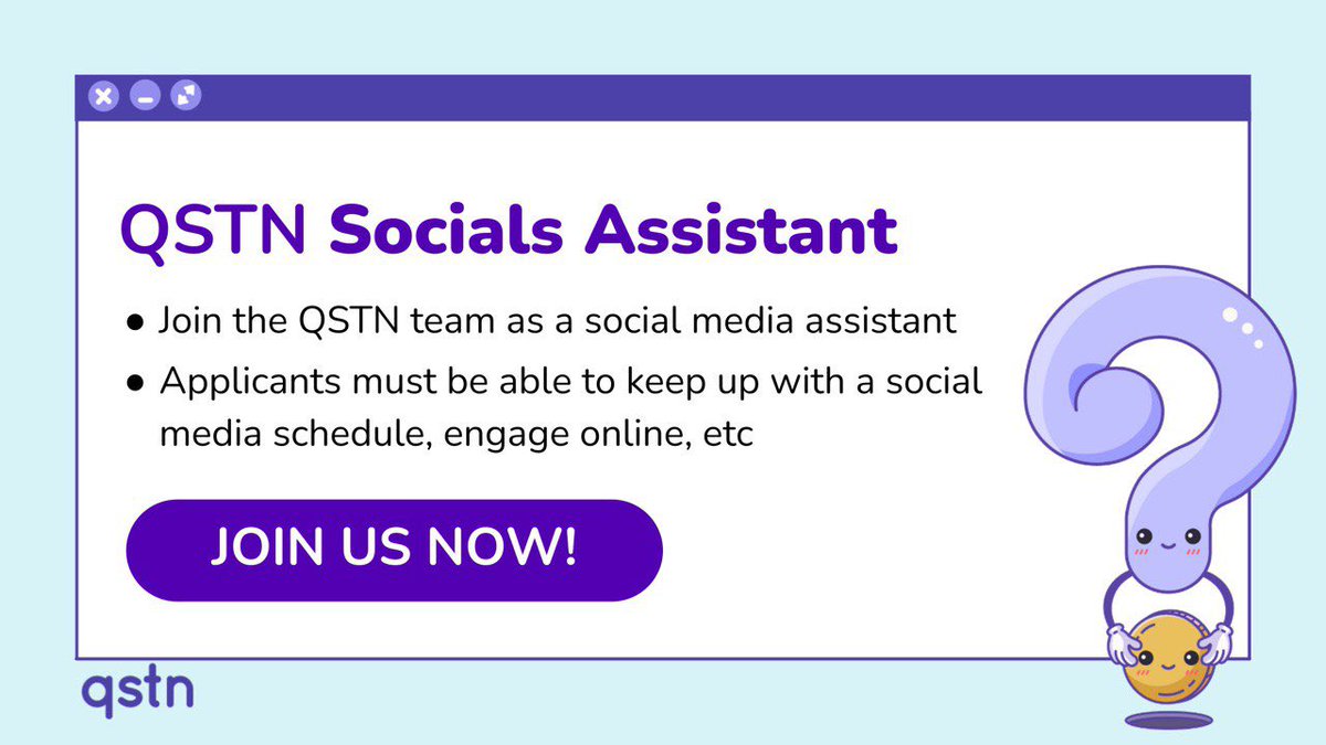 📢#QSTN is hiring!

Want to work with super cool #web3 peeps for an upcoming #decentralized data application? Hi 👋

Are you:
❔Familiar with crypto, #NFTs and ideally <a href="/NEARProtocol/">NEAR Protocol</a>?
❔Looking to earn some extra cash
❔All set to master Twitter, IG, and general engagement

DM us!