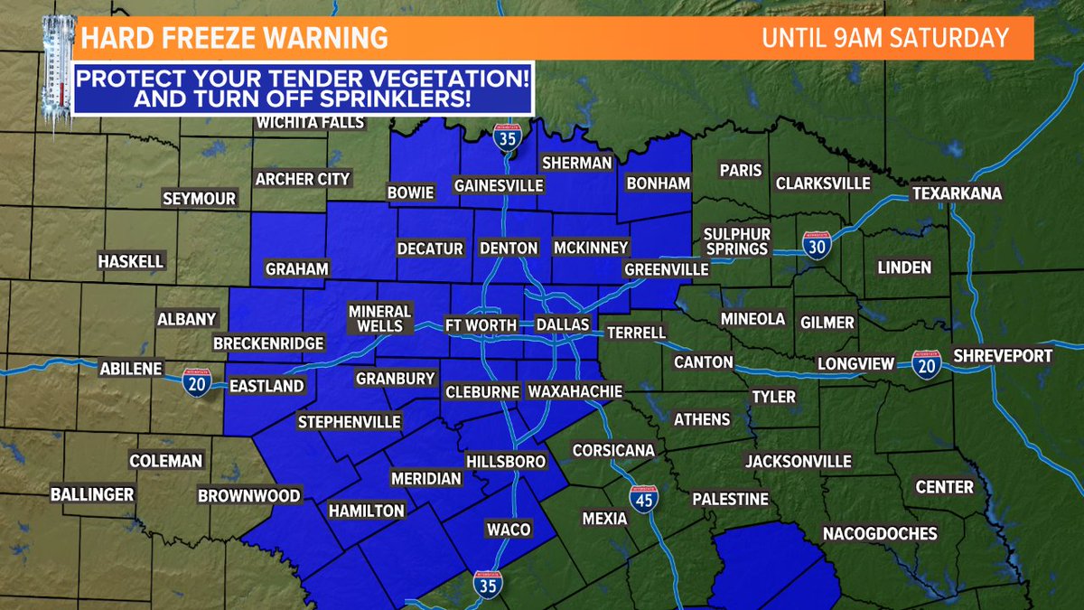 wfaaweathertoo's tweet photo. TVA (tender vegetation alert) continues with a Freeze Warning tonight through 9 am Saturday. Temps plummet to between 5° and 15° degrees by Saturday morning. 
#wfaaweather https://t.co/GnIq7ThgDY