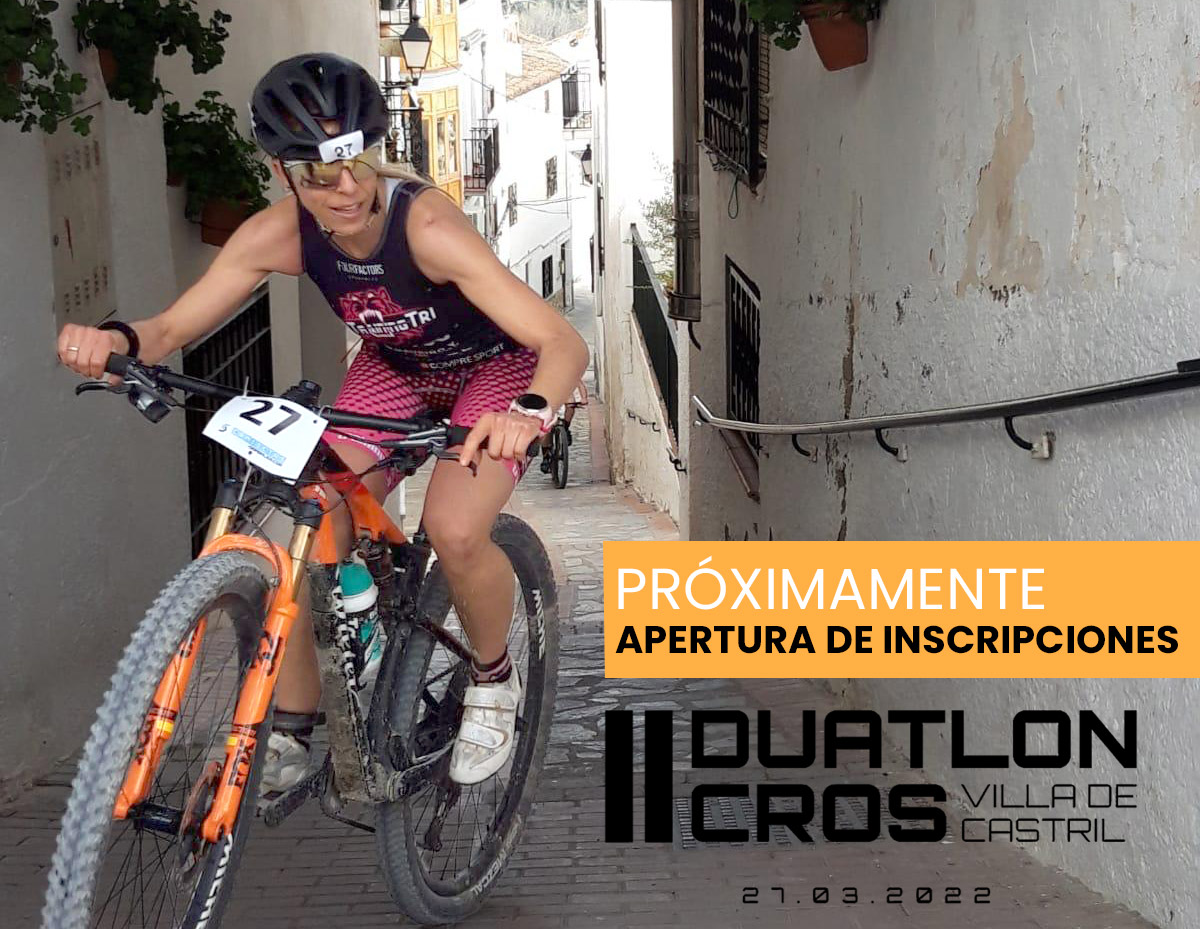 ▶️ ¡PRÓXIMO LUNES 7 de febrero... 𝗔𝗣𝗘𝗥𝗧𝗨𝗥𝗔 𝗱𝗲 𝗜𝗡𝗦𝗖𝗥𝗜𝗣𝗖𝗜𝗢𝗡𝗘𝗦!
El II DUATLÓN CROS CASTRIL abrirá las inscripciones a las 10:30 h.
📅 27 de marzo del 2022
📍 Castril (Granada)
📏 🏃‍♂️6K  🚴‍♀️23K  🏃‍♂️3K)
➕ info ▶️ bit.ly/duatloncroscas…
